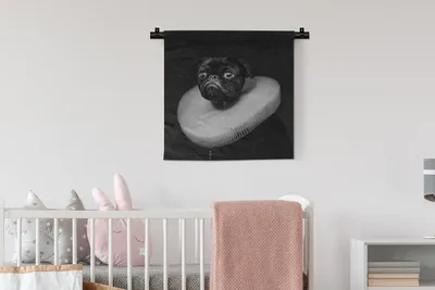 Produktbild von MuchoWow® Wandteppich Wandbehang Malerei - Mops - Schwarz - Weiß 60x60 cm Tapisserie Dekoration Wandtuch - Dekorationen - Wand Decke