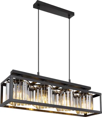 A rectangular chandelier with multiple glass elements hanging from a black metal frame.