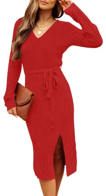 Produktbild von MEROKEETY Damen-Pulloverkleid mit V-Ausschnitt, Zopfmuster, langärmelig, figurbe