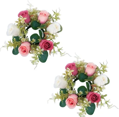 Produktbild von 2 Stück Künstlicher Rosenkranz, Kerzenring, Säulenkerzenhalter, grüne Blätter, bunte Blumengirlande, für Zuhause, Hochzeit, Party, Tischdekoration