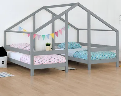 Produktbild von Wooden House Bed for Two Children VILLY - Grey - 90 x 200 cm