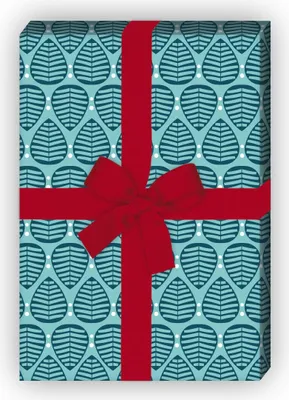 Produktbild von 70er Vintage Geschenkpapier Set mit Retro Blättern, hellblau - G8421, 32 x 48cm
