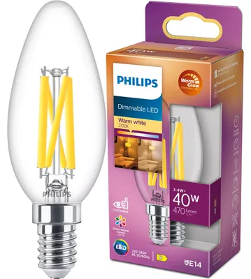 Zdjęcie produktu dla Philips Świeczka żarnikowa przezroczysta 40 W B35 E14, 3,4 W, 40 W, E14, 470 lm, 15000 h, Ciepły blask