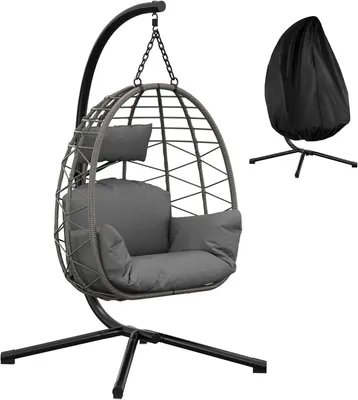 Immagine prodotto di Amaca in rattan con struttura in metallo, pieghevole, portata fino a 150 kg, con rivestimento nero, ideale per giardino e balcone