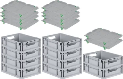 Produktbild von SparSet 10x Eurobox NextGen Grip mit Auflagedeckel inkl. 4 grünen Schiebeschnappverschlüssen | HxBxT 12x30x40cm | 11 Liter | Grau | Griffe offen | Glatter Boden | Eurobehälter, Transportbox, Transportbehälter, Stapelbehälter