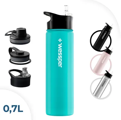 Obrázok produktu pre Wessper Nerezová fľaša na pitie 700 ml Nepriepustná termoska Bez obsahu Bpa s 3 viečkami | Námorná elegantná fľaša na pitie Šport | Izolovaná fľaša pre deti Dospelí na kempovanie Bicykel Šport Outdoor..