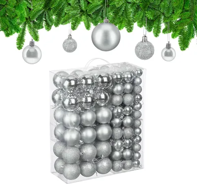 Image de Lot de 138 boules de Noël Relaxdays, en plastique, boules scintillantes, mates et brillantes, décorations pour sapin de Noël, argentées