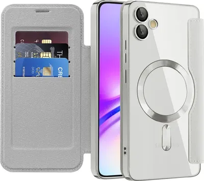 Image de Etui pour Samsung Galaxy A05 compatible avec MagSafe, étui transparent avec porte-cartes, étui en cuir avec protection de l'appareil photo Argent