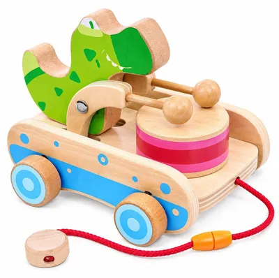 Produktbild von Nachziehkrokodil aus Holz, Lauflernspielzeug ab 1 Jahr, mit Trommel, Nachziehspielzeug ohne Batterie, Motorikspielzeug für Kleinkinder