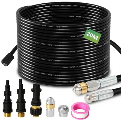 Produktbild von Jopassy Rohrreinigungsschlauch Set 20M, mit Düsen starr + rotierend, 3 Adapter, für handelsübliche Hochdruckreiniger, universelles Rohrreinigungs Set