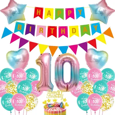 Immagine prodotto di Set decorazioni compleanno Palloncino rosa 10° compleanno Striscione arcobaleno