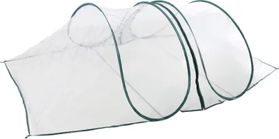 A white pop-up greenhouse with green trim, shown against a white background.