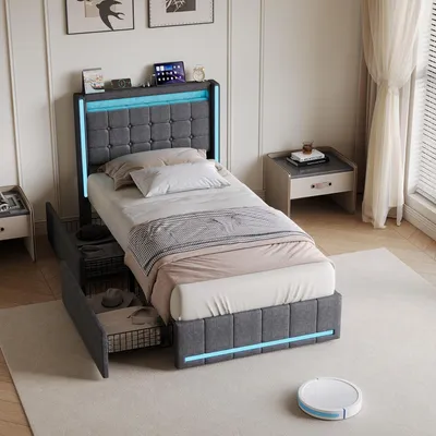 Image de REMZETTA, lit tapissé 90x200 cm, lit simple avec tiroir, éclairage LED RGB, port USB-C, tête de lit avec espace de rangement, sommier à lattes, linge de lit, couleur gris