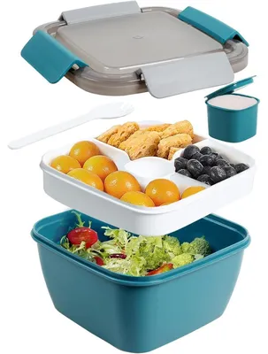 Productafbeelding van Saladcontainer met 3 compartimenten, dressingbeker en vork, lekvrij, 1500 ml, donkerblauw