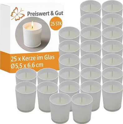 Produktbild von 25x Votivkerzen im Glas weiß 5,5×6,6 cm – dekorative Wachskerzen mit langer Brenndauer – ideal für Wohnzimmer, Schlafzimmer & stilvolle Tischdeko