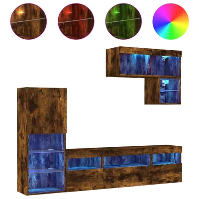 Produktbild von vidaXL 6-tlg. Wohnwand mit LED-Beleuchtung Räuchereiche Holzwerkstoff