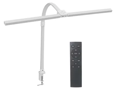 Immagine prodotto di Lampada da scrivania Relaxdays, telecomando e comando touch, lampada a doppia testa a LED, larghezza 80 cm, lampada a morsetto con collo d'oca, bianca