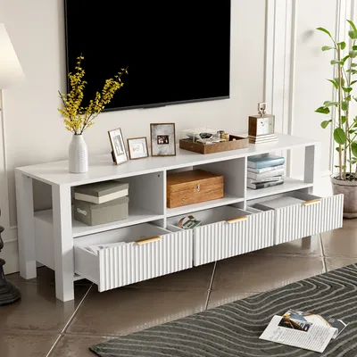 Productafbeelding van AIORBER TV-kast, met gestructureerd oppervlak, open vak, voorzien van LED-verlichting, gouden handgrepen, 3 lades, geschikt voor de woonkamer, 152,5 x 39,5 x 50 cm, wit