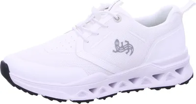 A single white athletic shoe shown from a side-diagonal angle.