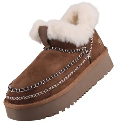 Auf dem Bild ist ein brauner Stiefel zu sehen der aus Leder gefertigt wurde. Die Blickrichtung ist von der linken Seite des Stiefels.