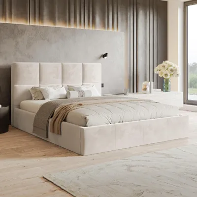 Produktbild von MOTIVENA Star Polsterbett 160x200 mit Bettkasten, Holz Latttenrost, Bett 160x200 Beige Samt (Amor 04)