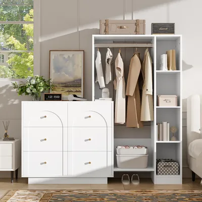 Produktbild von Flieks Moderner Mehrzweck-Kleiderschrank mit Kleiderstange, 6 Schubladen und Seitenregalen, offene Garderobe, Kommode 139x35x133cm, Weiß