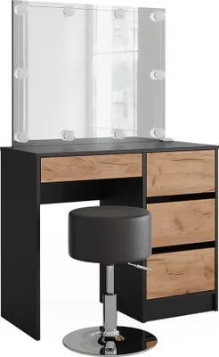 Produktbild von Schminktisch Vicco Sherry Anthrazit/Goldkraft Eiche 90 x 75 cm mit Spiegel, LED-Beleuchtung & Hocker, Model 52033