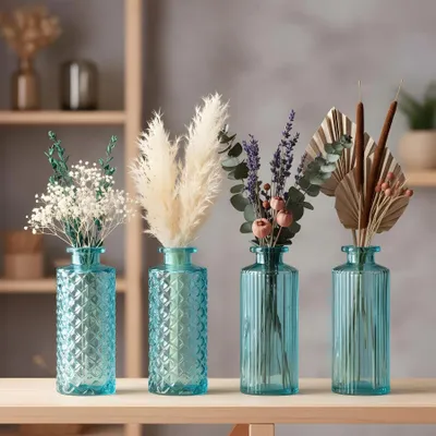 Produktbild von Glasvasen Set Türkis 4er Set 14cm Kleine Blumenvasen Tischdeko Moderne Dekovasen Transparent Retro Tischdeko Frühlingsdeko Glasvase Dekovase