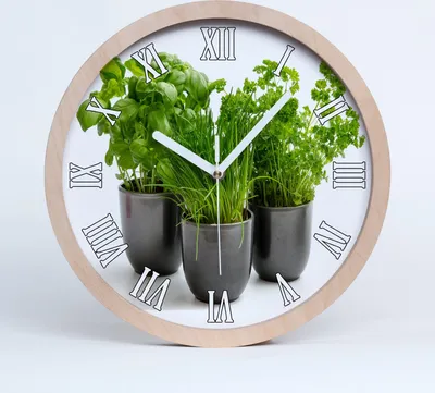 Produktbild von Holzuhr 20fi cm wanduhr - weiße Spitzen - Kräuter in Töpfen
