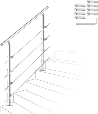 Productafbeelding van RVS leuning, buitengevel, trapleuning, 100 cm, 42 mm. Binnen- en buiten trapleuning met 4 dwarsbalken, hoekverstelbaar. Leuninghouders voor trappen, tuin, balustrade