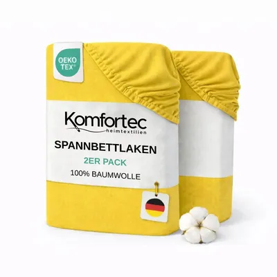 Produktbild von Komfortec 2er Pack Jersey Spannbettlaken 180x200 cm, 100% Baumwolle, Doppelpack Spannbettuch, Gelb
