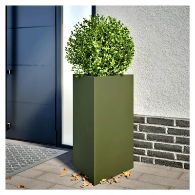 Produktbild von Pflanzkübel Hochbeet aus Metall für Terrasse und Garten, olivgrün, dreieckig, 50x43x75 cm