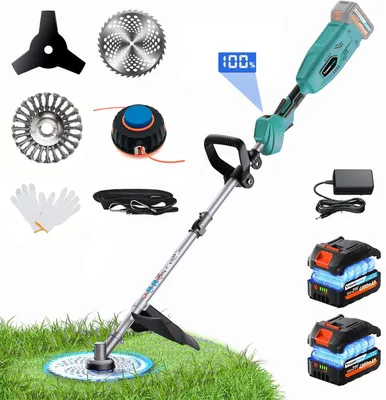 Produktbild von 900W Akku Rasentrimmer mit 2× 4000mAh Makita Akkus 21V, Bürstenloser Motor Freischneider mit Unkrautbürste, mit 4 Messertypen und Ladegerät, Blau