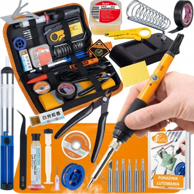Immagine prodotto di Rosfix SolderKit Max 14 in 1 – Kit di saldatura professionale da 60 W con regolazione + tappetino in silicone + fondenti + stagno + utensili + custodia | Per riparazioni, elettronica, fai da te