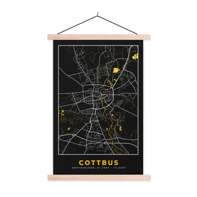 Produktbild von MuchoWow® Textilposter Cottbus - Gold - Karte - Stadtplan - Deutschland 60x90 cm mit holzfarbenen Rahmen - Textil