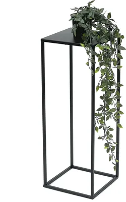 A black metal plant stand with a potted plant on top.