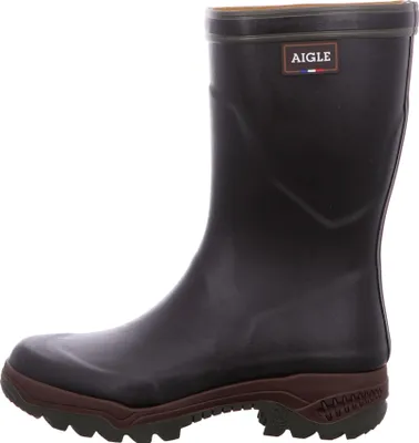 A side view of a brown Aigle rubber boot.