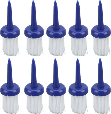 Produktbild von 10 Stück Brush Golftees, niedriger Widerstand für mehr Distanz, konstante Höhe, Kunststofftees für Driver-Training, blauer Griff/weiße Borsten