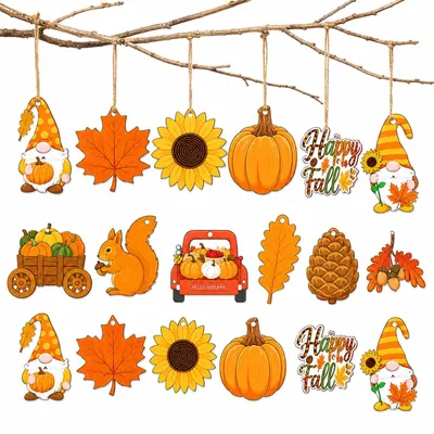 Herbstdeko aus Holz, 24 Stück, Kürbis & LKW-Motive, Hängedeko