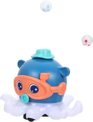 A blue octopus toy with a hat and goggles, with three small balls floating around it.