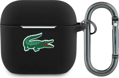 Produktbild von Hülle Case AirPods 4 Lacoste Silikon schwarz Logo Krokodil grün mit Karabiner