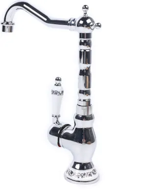 A close-up studio shot of a single kitchen faucet against a white background.