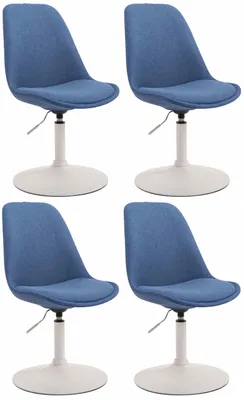 Four blue dining chairs with white bases are arranged in a two-by-two grid against a white background.