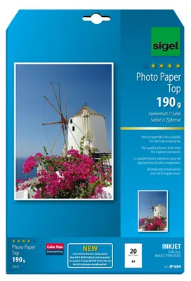 Imagen del producto de Sigel® IP684, papel fotográfico para inyección de tinta, acabado satinado, formato A4, 190 g/m², 20 hojas