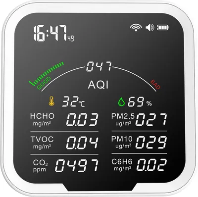 Produktbild von Przenośny analizator jakości powietrza HCHO/TVOC/CO2/PM2.5/PM10/AQI/C6H6 tester temperatury i wilgotności 4,8-calowy duży ekran detektor dwutlenku węgla z wyświetlaczem czasu i funkcją budzika