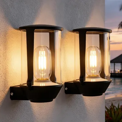 Image de ZMH Applique murale extérieure, lot de 2, IP65, puissance maximale 40W, pour intérieur, douille E27, lampe murale extérieure, noire, éclairage mural pour façade de maison, balcon