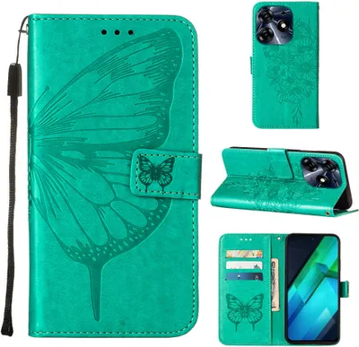 Produktbild von Lederhülle für Tecno Spark 10 Pro Schmetterling Prägung Flip Ledertasche Kartenfächer Handyhülle mit Ständer Grün