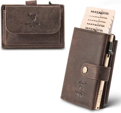 Produktbild von Wallet mit XL-Münzfach, Leder Kreditkartenetui mit POP-UP Kartenhalter - mit RFID-Schutz, Mini Portemonnaie – kleine Geldbörse Männer mit Geschenk-Box