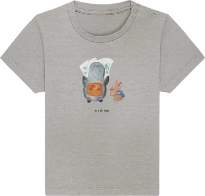 Produktbild von Mr. & Mrs. Panda Organic Baby Shirt Pinguin & Maus Wanderer 6. - 12. Monat - Heather Grey - Geschenk, Roadtrip, Wandern, Kleinkind T-Shirt, Abenteuer, Baumwolle,