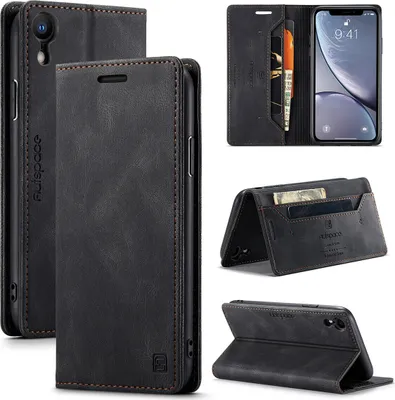Image de iPhone XR Étui portefeuille, rétroPolyuréthaneétui en cuir Stand Housse de protection pour iPhone XR Noir